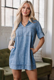 Beau Blue Short Sleeve Collared Patched Pocket Denim Mini Dress