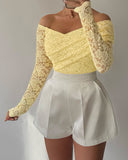 Lace Criss Cross Wrap Ruched Long Sleeve Bodysuit Casual Slim Fit Off Shoulder Shirt