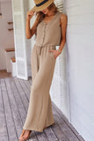 Goat Buttoned Vest Drawstring Wide Leg Pants 2pcs Set