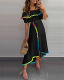 Colorblock Off the Shoulder Dip Hem Tassel Front Slit Dress Elegant Dress