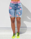 2 In 1 Denim Shorts Colorblock Print Ripped Shorts /w Workout Running Shorts