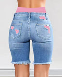 2 In 1 Denim Shorts Colorblock Print Ripped Shorts /w Workout Running Shorts