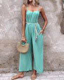 Spaghetti Strap Ruched Belted Jumpsuit