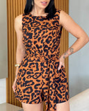 Leopard Print Round Neck Sleeveless Tied Detail Romper