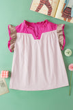 Pink Colorblock Ruffled Sleeve Frill V Neck Blouse