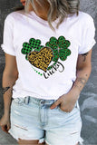 White Lucky Four Leaf Clover Heart Printed Crewneck Plus Size Tee