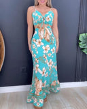 Floral Print Spaghetti Strap V Neck Maxi Dress Casual Backless Tied Detail Dress