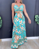 Floral Print Spaghetti Strap V Neck Maxi Dress Casual Backless Tied Detail Dress
