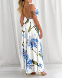 Floral Print Halter Sleeveless Waist Hollow Out Maxi Dress Sexy Backless A Line Dress