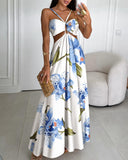 Floral Print Halter Sleeveless Waist Hollow Out Maxi Dress Sexy Backless A Line Dress