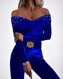 Velvet Off Shoulder Beaded Jumpsuits Elegant Long Sleeve Overalls with Elastic Waistbelt