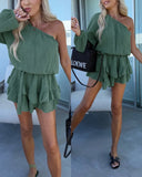 One Shoulder Elastic Neck and Waist Overalls Casual Tied Waist Ruffle Hem Romper