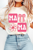 White MAMA Bow Flower Print Crewneck T Shirt