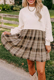 Beige Plaid Patchwork High Waist Sweatshirt Mini Dress