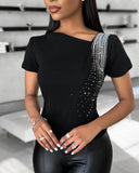 Rhinestone Decor Asymmetrical Neck T Shirt