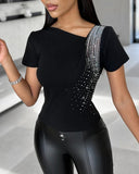 Rhinestone Decor Asymmetrical Neck T Shirt