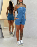 Bandeau Sleeveless Button Design Jean Romper Casual Slim Fit Jumpsuit