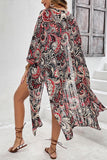 Black Floral Print Side Slit Open Front Long Kimono