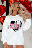 White Valentines XOXO Checkered Heart Printed Baggy Corded Sweatshirt