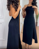 Halter Sleeveless Backless Maxi Dress Casual Shirred Back Side Slit Vacation Dress
