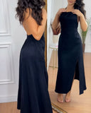 Halter Sleeveless Backless Maxi Dress Casual Shirred Back Side Slit Vacation Dress