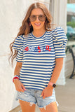 Blue Stripe America Cursive Graphic Puff Sleeve T-shirt