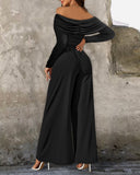 Metal Ring Decor Off Shoulder Ruched High Waist Jumpsuit Casual Cinched Waist Wide Leg Jumpsuit