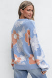 Beau Blue Floral O Neck Drop Shoulder Knitted Sweater