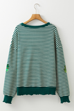 Green Stripe Four Leaf Clover Pattern St Patricks Drop Shoulder Sweatshirt