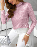 Mock Neck Allover Sequin Top