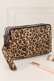 Brown Leopard Print PU Leather Wristlet Zipper Makeup Bag