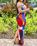 Colorblock Geometric Print Bandeau Slit Maxi Dress