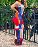 Colorblock Geometric Print Bandeau Slit Maxi Dress