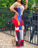 Colorblock Geometric Print Bandeau Slit Maxi Dress