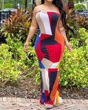 Colorblock Geometric Print Bandeau Slit Maxi Dress