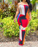 Colorblock Geometric Print Bandeau Slit Maxi Dress