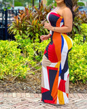 Colorblock Geometric Print Bandeau Slit Maxi Dress