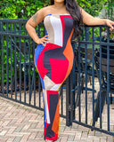 Colorblock Geometric Print Bandeau Slit Maxi Dress