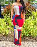 Colorblock Geometric Print Bandeau Slit Maxi Dress