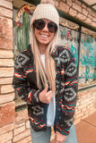 Black Aztec Printed Zip Up Collar Jacket