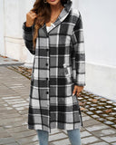 Plaid Pattern Button Down Pocket Design Longline Hooded Coat