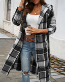 Plaid Pattern Button Down Pocket Design Longline Hooded Coat