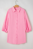 Bright Pink Balloon Sleeve Button Up Mini Shirt Dress