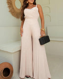 Pleated V Neck Spaghetti Strap Waist Jumpsuit Casual Wide Leg Flared Romper