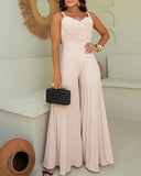 Pleated V Neck Spaghetti Strap Waist Jumpsuit Casual Wide Leg Flared Romper