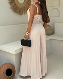 Pleated V Neck Spaghetti Strap Waist Jumpsuit Casual Wide Leg Flared Romper