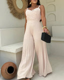 Pleated V Neck Spaghetti Strap Waist Jumpsuit Casual Wide Leg Flared Romper