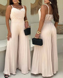Pleated V Neck Spaghetti Strap Waist Jumpsuit Casual Wide Leg Flared Romper