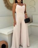 Pleated V Neck Spaghetti Strap Waist Jumpsuit Casual Wide Leg Flared Romper