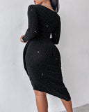 Polka Dot Pattern Long Sleeve Ruched Asymmetrical Hem Bodycon Dress